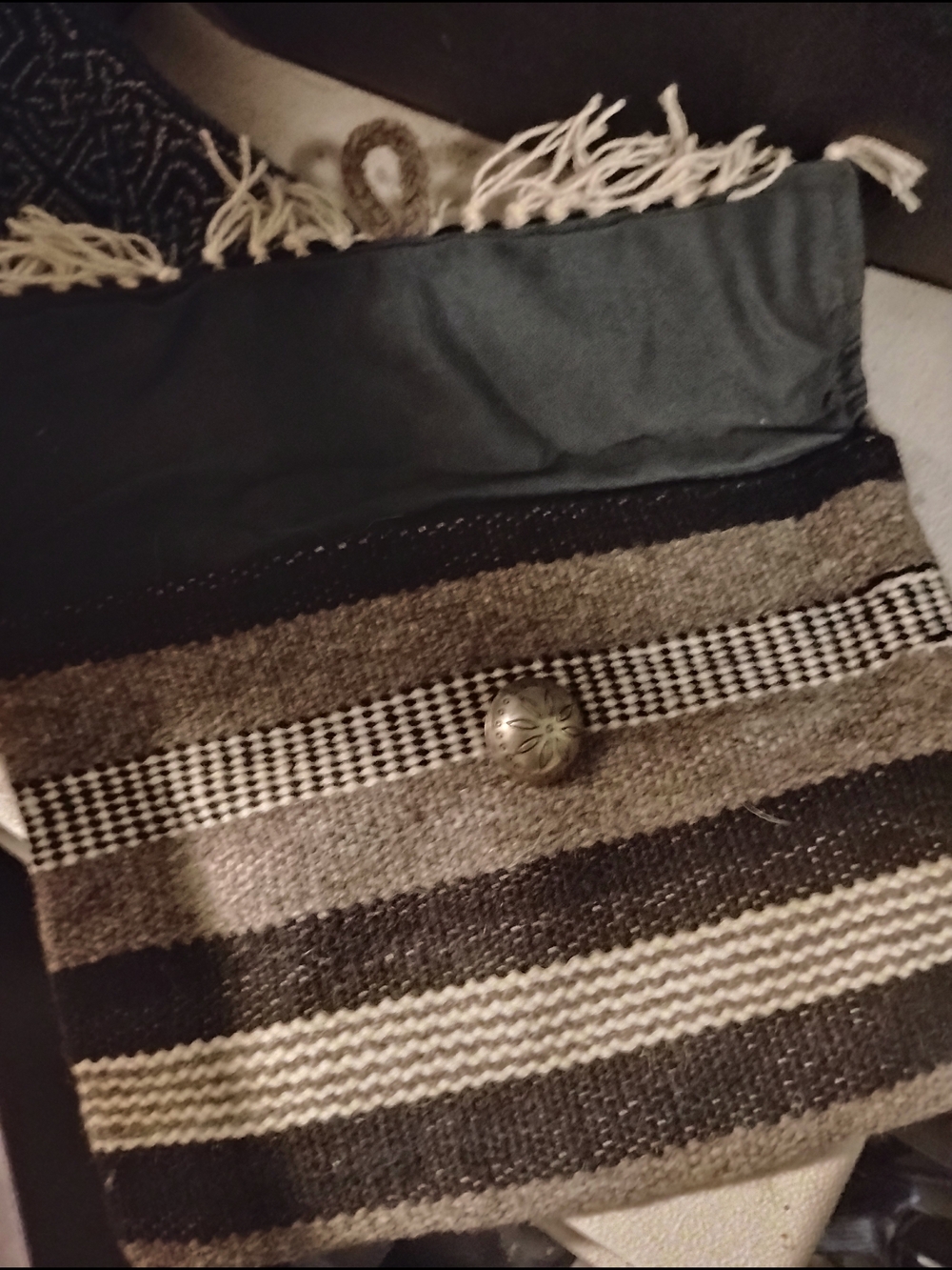 Handwoven Striped Wool Clutch Or Book Bag with Decorative Concho Button Closure